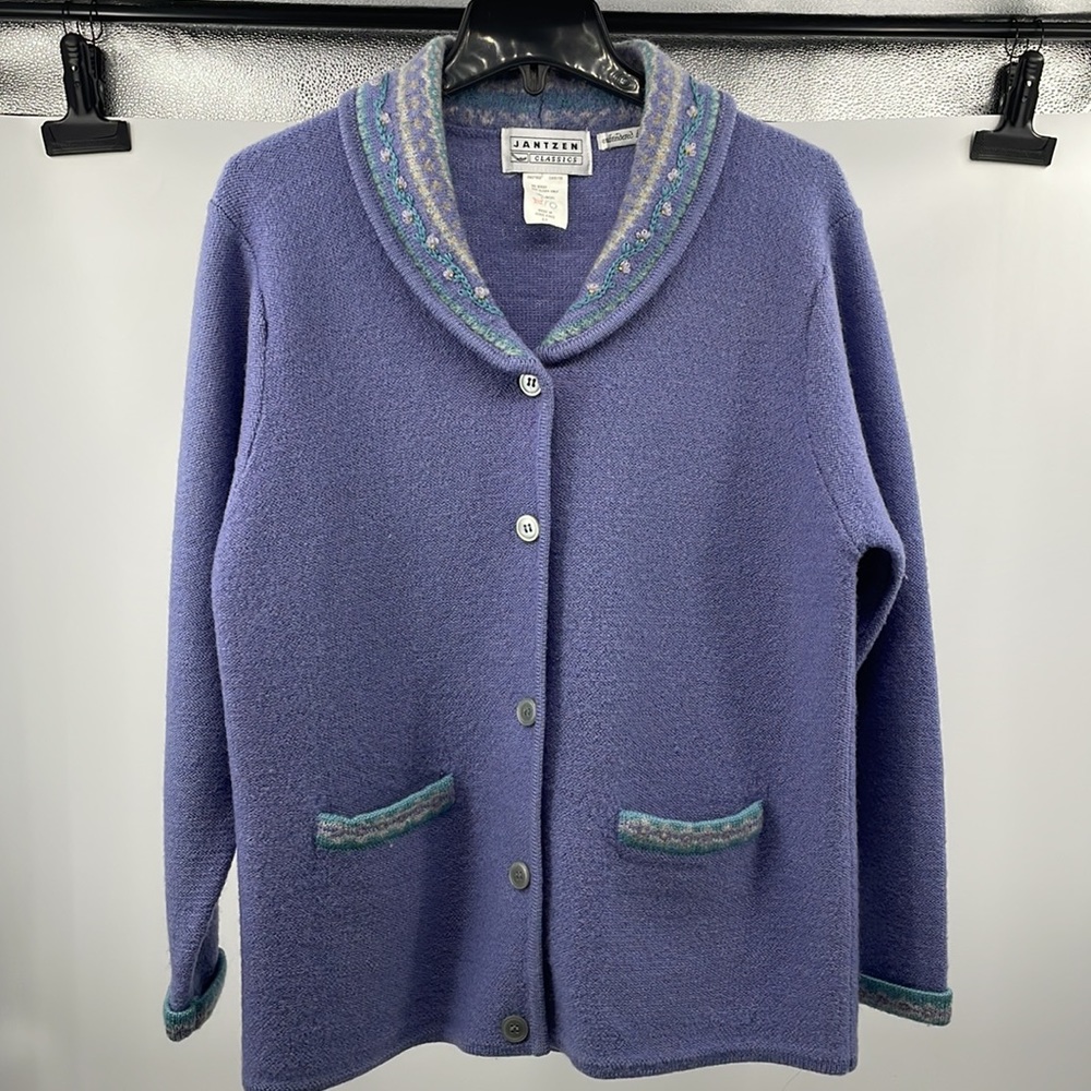 Vintage Jantzen Embroidered Wool Cardigan Sweater Lilac Needlepoint Size Small